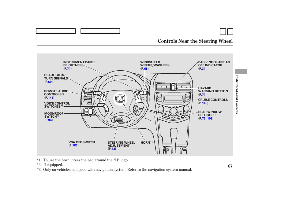 Controls near the steering wheel | HONDA 2007 Accord Sedan - Owner's Manual User Manual | Page 68 / 293