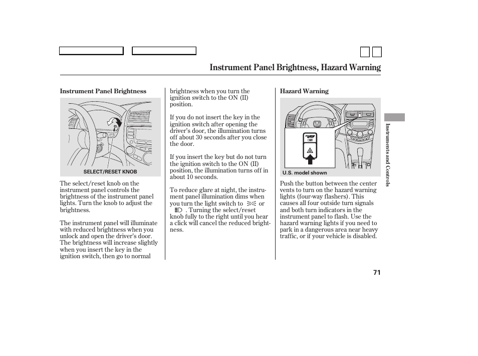 Instrument panel brightness, hazard warning | HONDA 2007 Accord Sedan - Owner's Manual User Manual | Page 72 / 293