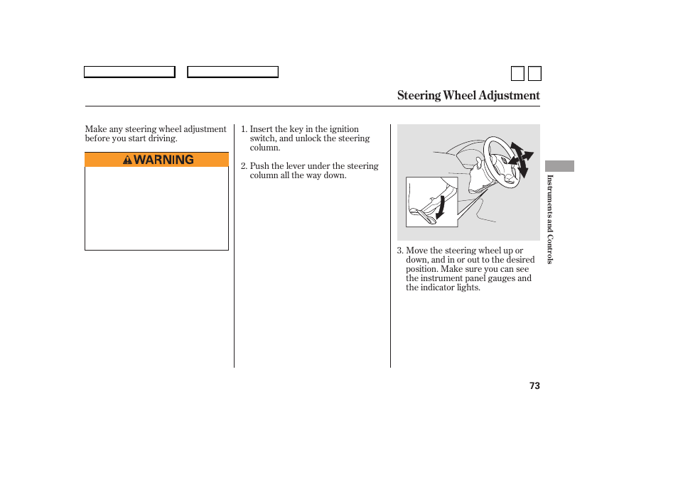 Ac0707o00073a, Steering wheel adjustment | HONDA 2007 Accord Sedan - Owner's Manual User Manual | Page 74 / 293