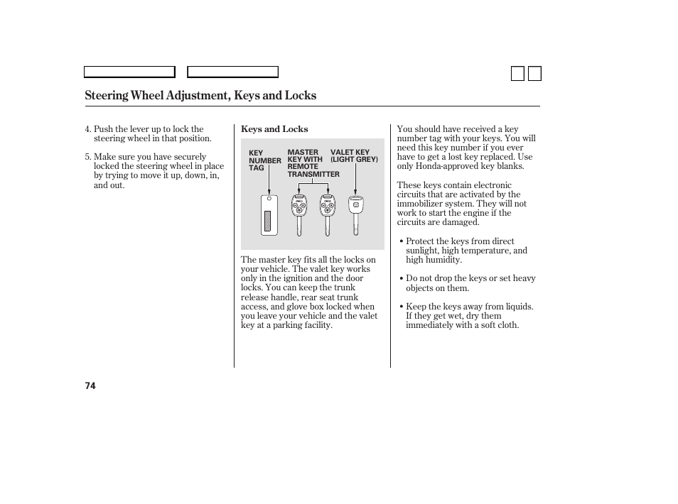 Steering wheel adjustment, keys and locks | HONDA 2007 Accord Sedan - Owner's Manual User Manual | Page 75 / 293