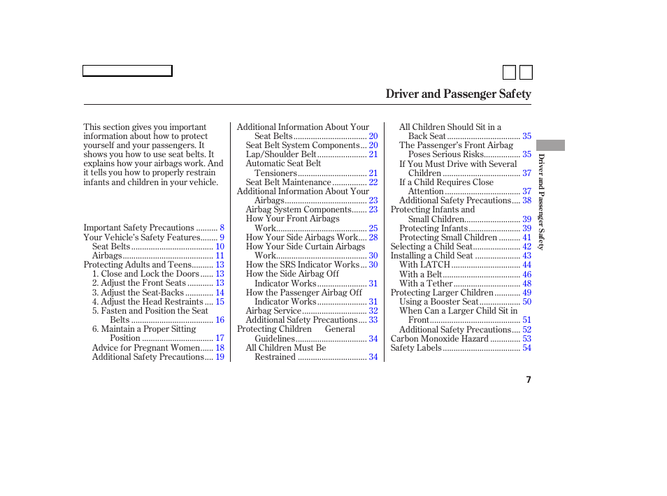 Ac070701indxa, Driver and passenger safety | HONDA 2007 Accord Sedan - Owner's Manual User Manual | Page 8 / 293