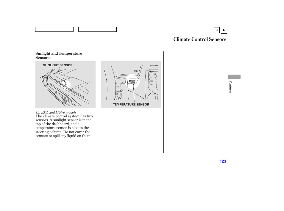 P.124, Climate control sensors | HONDA 2007 Accord Coupe - Owner's Manual User Manual | Page 126 / 320