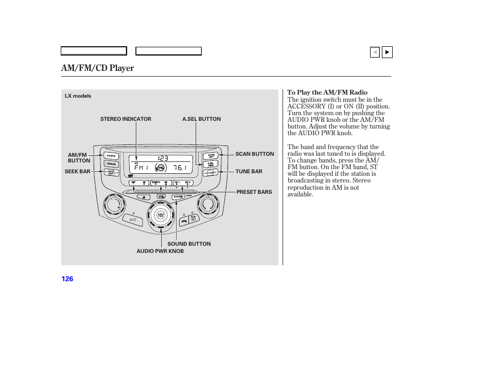 Ad0707o00126a, Am/fm/cd player | HONDA 2007 Accord Coupe - Owner's Manual User Manual | Page 129 / 320