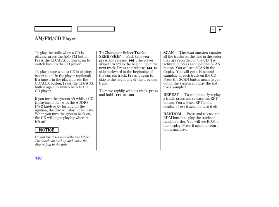 Am/fm/cd player | HONDA 2007 Accord Coupe - Owner's Manual User Manual | Page 133 / 320