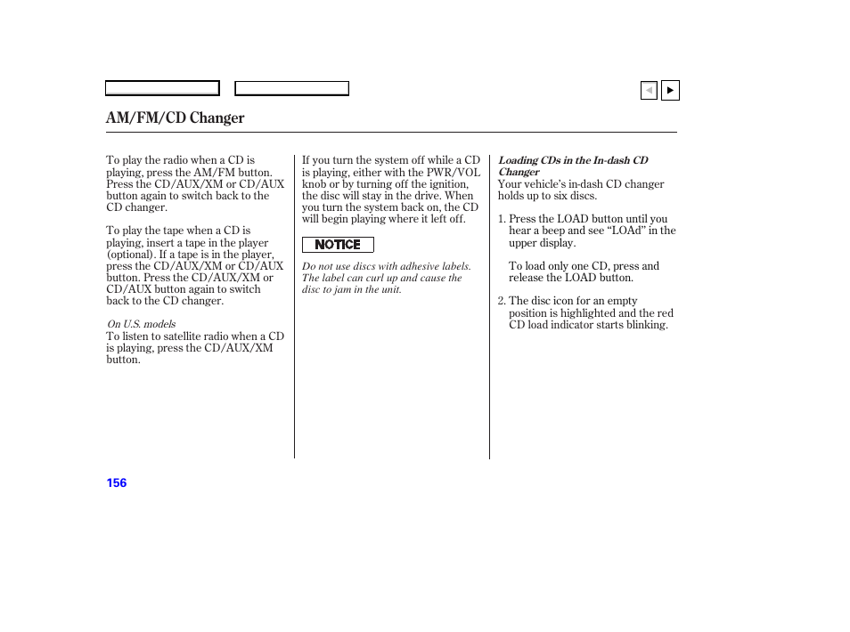 Ad0707o00156a, Am/fm/cd changer | HONDA 2007 Accord Coupe - Owner's Manual User Manual | Page 159 / 320