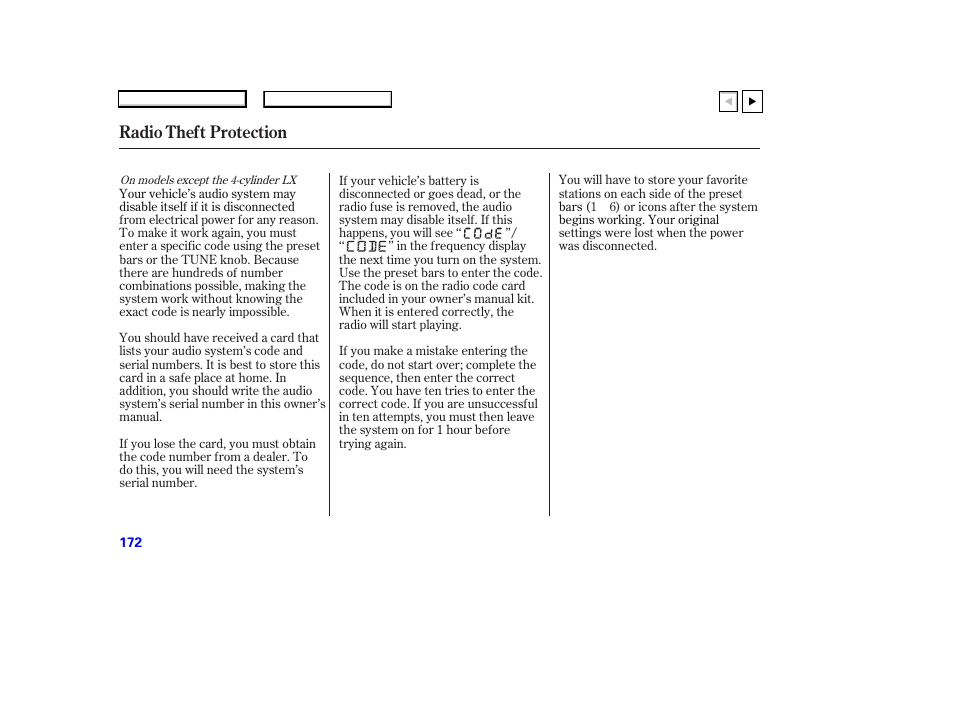 P.173, Radio theft protection | HONDA 2007 Accord Coupe - Owner's Manual User Manual | Page 175 / 320