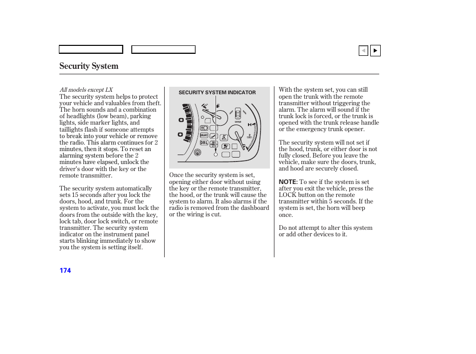 P.175, Security system | HONDA 2007 Accord Coupe - Owner's Manual User Manual | Page 177 / 320
