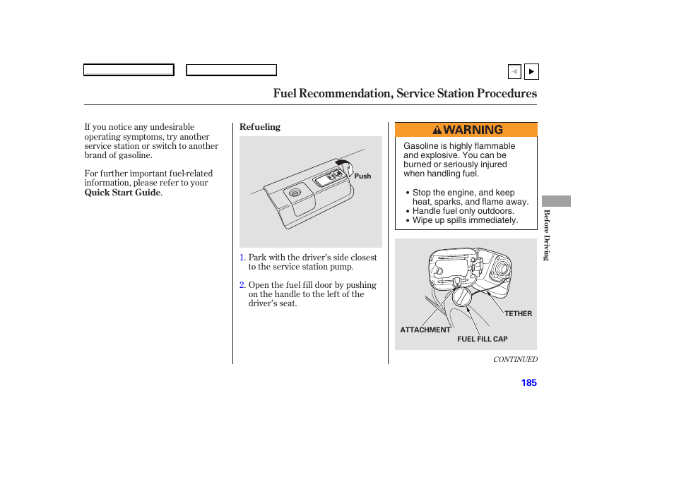 P.185, Fuel recommendation, service station procedures | HONDA 2007 Accord Coupe - Owner's Manual User Manual | Page 188 / 320
