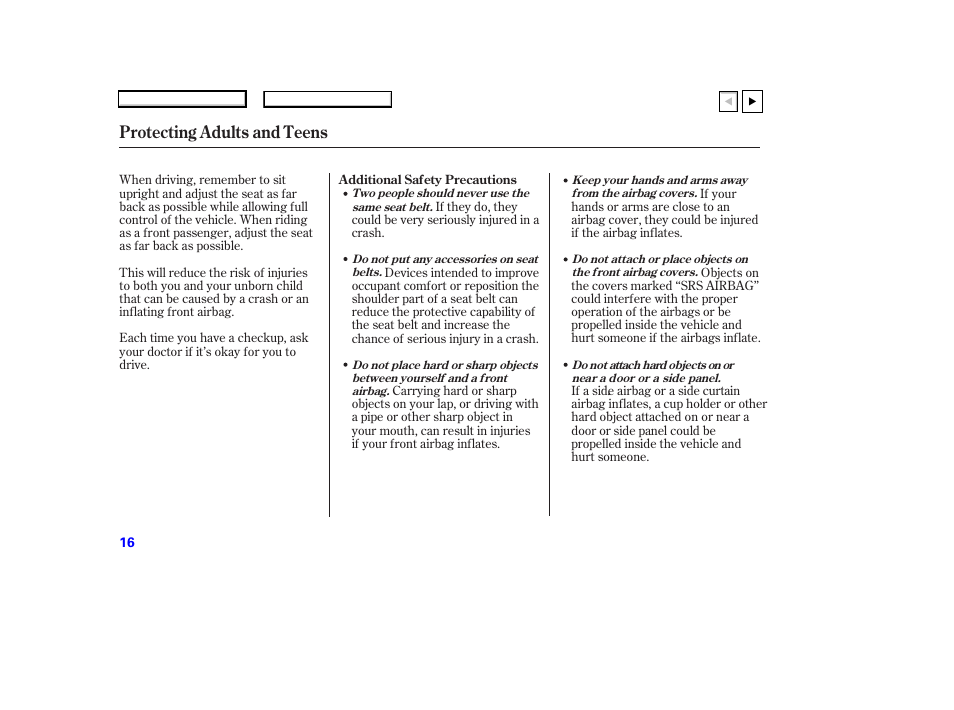 Protecting adults and teens | HONDA 2007 Accord Coupe - Owner's Manual User Manual | Page 19 / 320