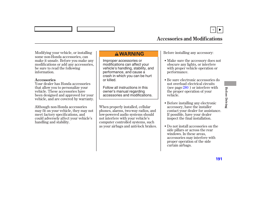 Accessories and modifications | HONDA 2007 Accord Coupe - Owner's Manual User Manual | Page 194 / 320