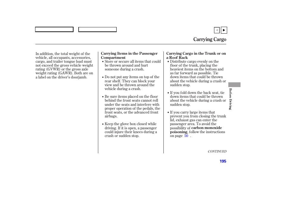 Carrying cargo | HONDA 2007 Accord Coupe - Owner's Manual User Manual | Page 198 / 320