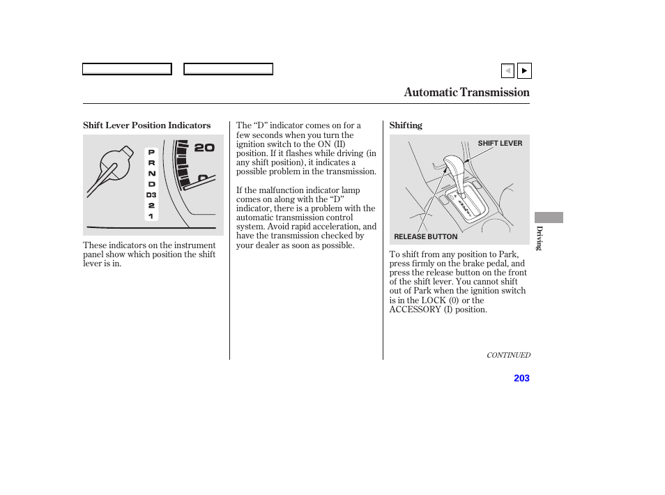 P.203, Automatic transmission | HONDA 2007 Accord Coupe - Owner's Manual User Manual | Page 206 / 320