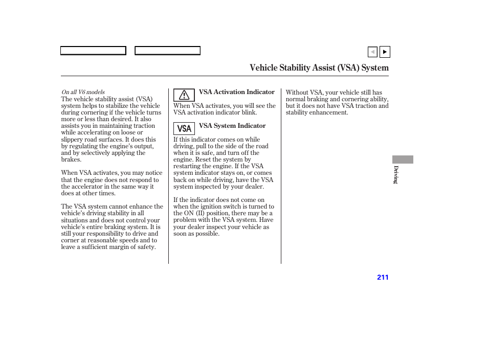 Vehicle stability assist (vsa) system | HONDA 2007 Accord Coupe - Owner's Manual User Manual | Page 214 / 320