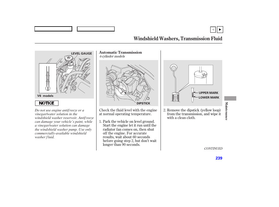 Ad0707o00239a, Windshield washers, transmission fluid | HONDA 2007 Accord Coupe - Owner's Manual User Manual | Page 242 / 320