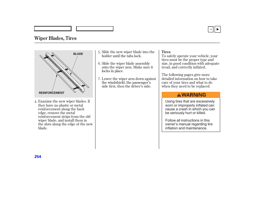 Ad0707o00254a, Wiper blades, tires | HONDA 2007 Accord Coupe - Owner's Manual User Manual | Page 257 / 320