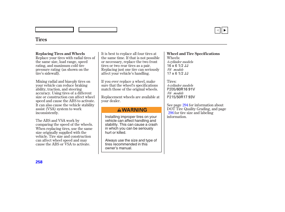 Ad0707o00258a, Tires | HONDA 2007 Accord Coupe - Owner's Manual User Manual | Page 261 / 320
