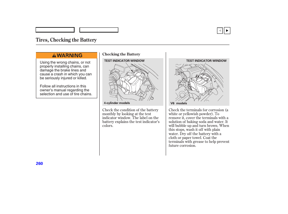 Tires, checking the battery | HONDA 2007 Accord Coupe - Owner's Manual User Manual | Page 263 / 320