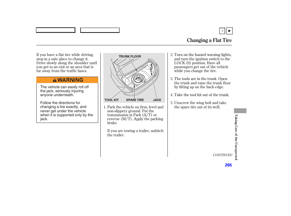 Changing a flat tire | HONDA 2007 Accord Coupe - Owner's Manual User Manual | Page 268 / 320