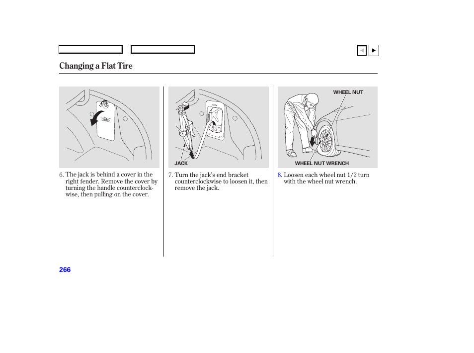 Changing a flat tire | HONDA 2007 Accord Coupe - Owner's Manual User Manual | Page 269 / 320