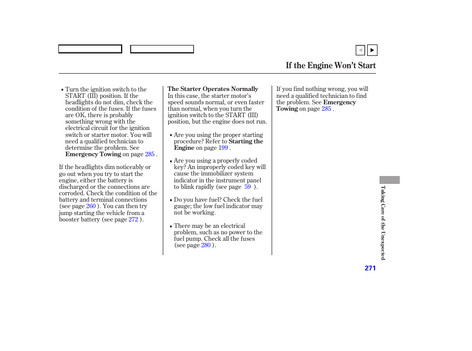 If the engine won’t start | HONDA 2007 Accord Coupe - Owner's Manual User Manual | Page 274 / 320