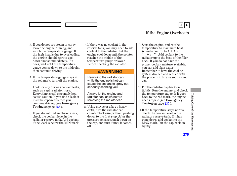 If the engine overheats | HONDA 2007 Accord Coupe - Owner's Manual User Manual | Page 278 / 320