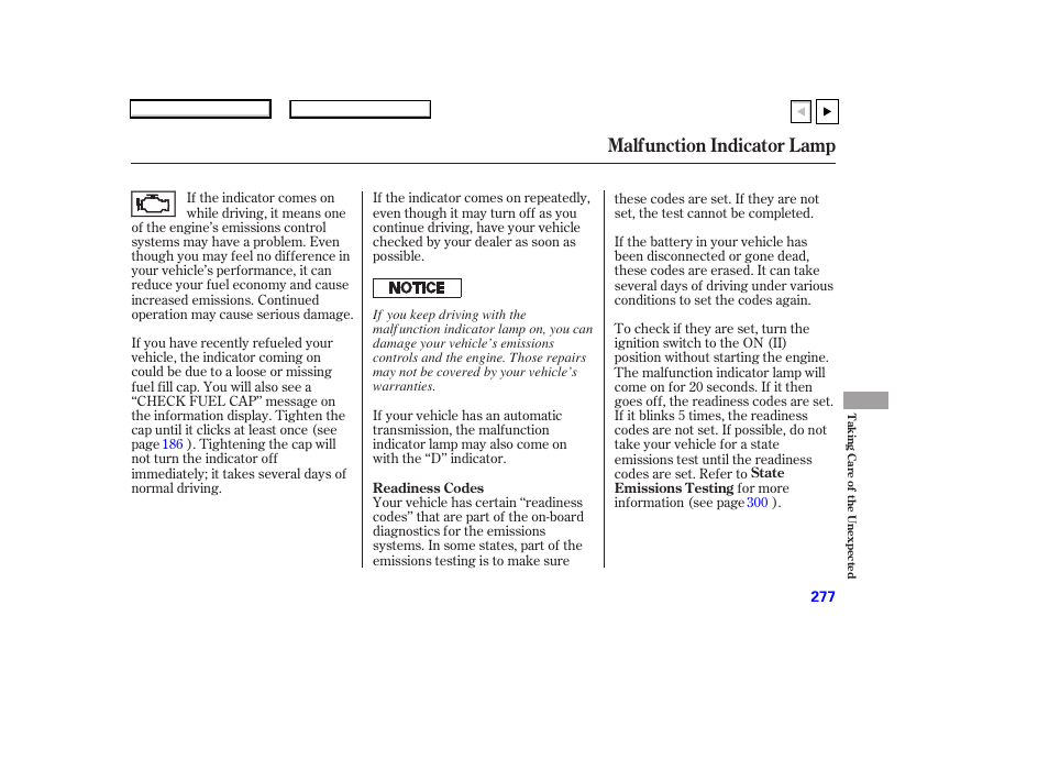 Malfunction indicator lamp | HONDA 2007 Accord Coupe - Owner's Manual User Manual | Page 280 / 320