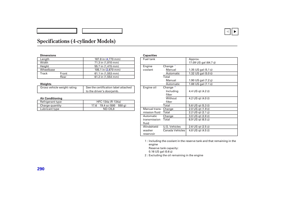 Specifications ( 4 -cylinder models) | HONDA 2007 Accord Coupe - Owner's Manual User Manual | Page 293 / 320