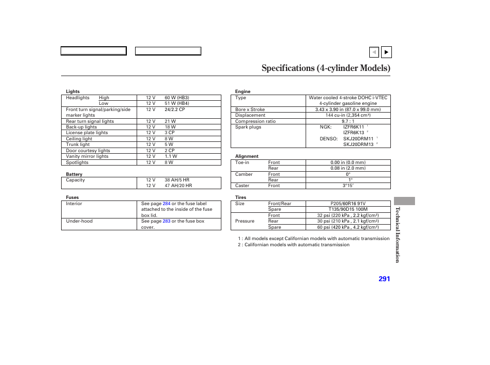 Specifications ( 4 -cylinder models) | HONDA 2007 Accord Coupe - Owner's Manual User Manual | Page 294 / 320