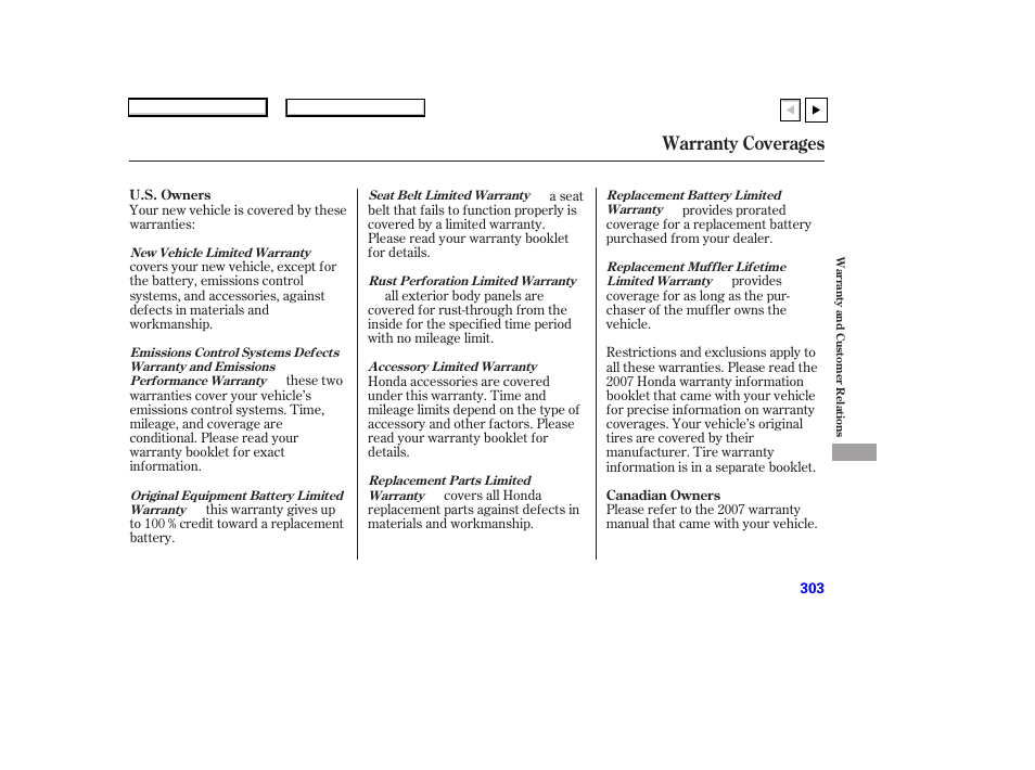 Warranty coverages | HONDA 2007 Accord Coupe - Owner's Manual User Manual | Page 306 / 320
