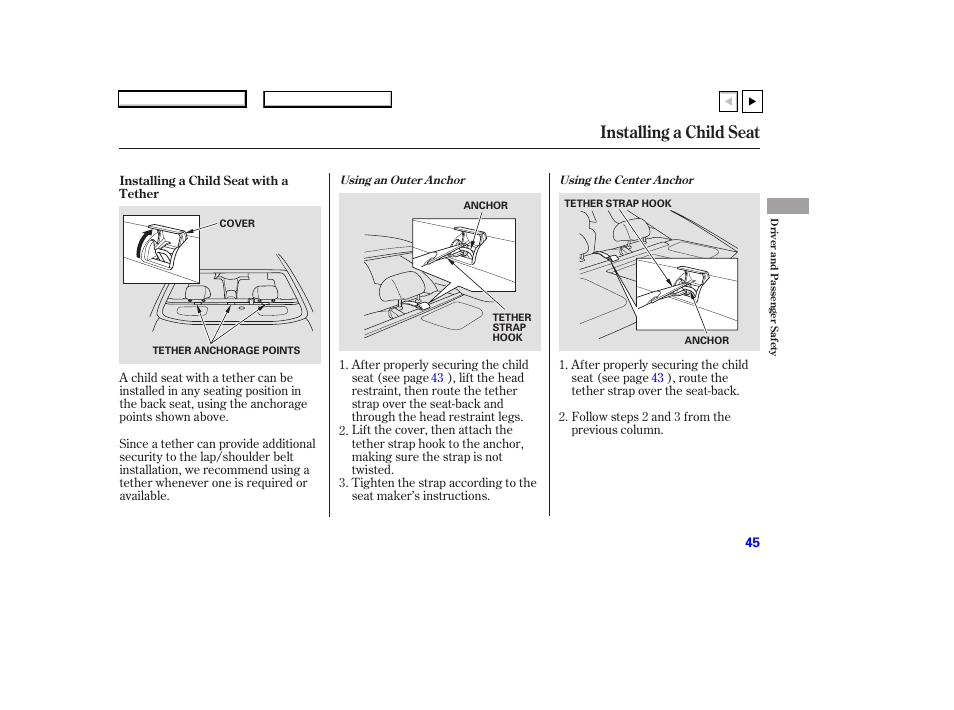 Installing a child seat | HONDA 2007 Accord Coupe - Owner's Manual User Manual | Page 48 / 320
