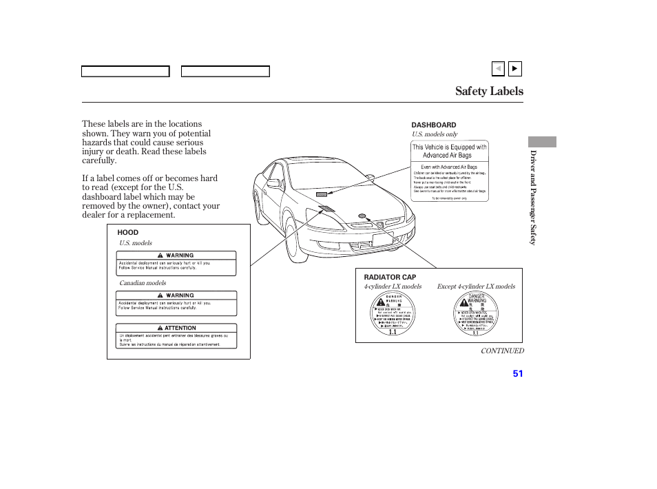 Safety labels | HONDA 2007 Accord Coupe - Owner's Manual User Manual | Page 54 / 320