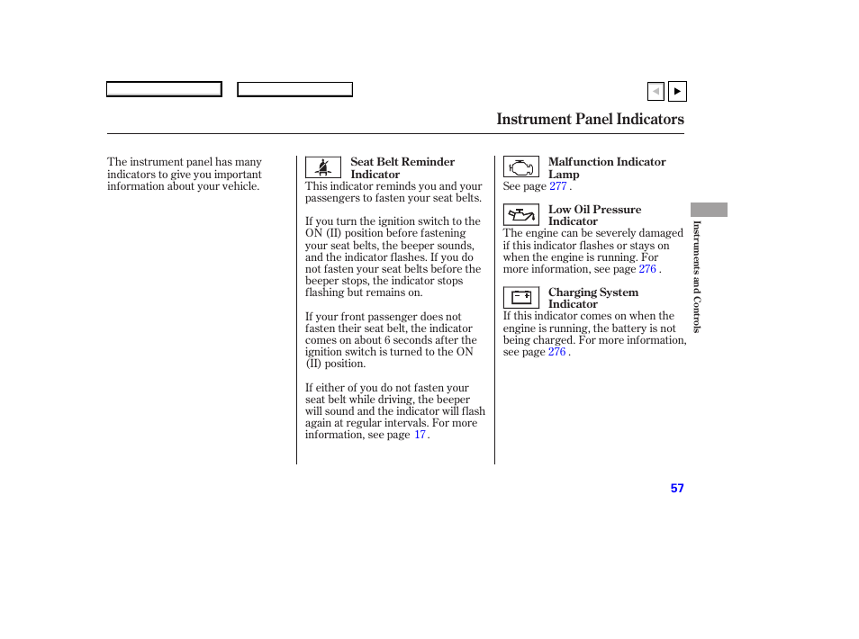 P.58, Instrument panel indicators | HONDA 2007 Accord Coupe - Owner's Manual User Manual | Page 60 / 320