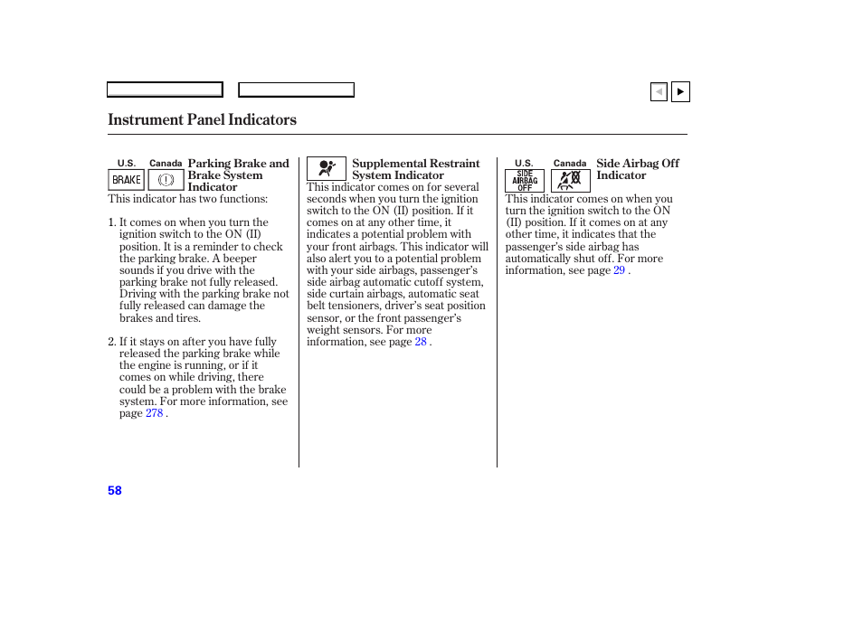 P.59, Instrument panel indicators | HONDA 2007 Accord Coupe - Owner's Manual User Manual | Page 61 / 320