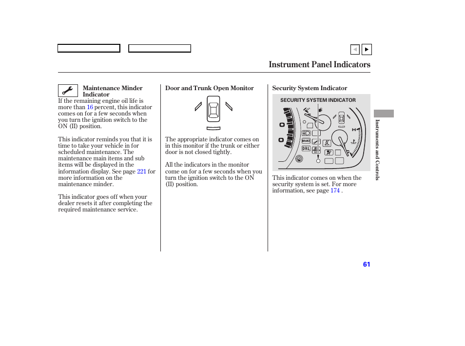 P.62, Instrument panel indicators | HONDA 2007 Accord Coupe - Owner's Manual User Manual | Page 64 / 320