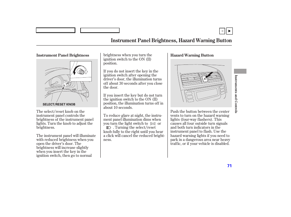 P.72, Instrument panel brightness, hazard warning button | HONDA 2007 Accord Coupe - Owner's Manual User Manual | Page 74 / 320