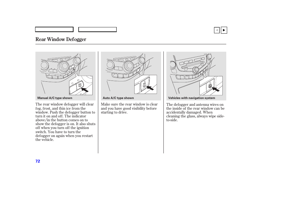 P.73, Rear window defogger | HONDA 2007 Accord Coupe - Owner's Manual User Manual | Page 75 / 320
