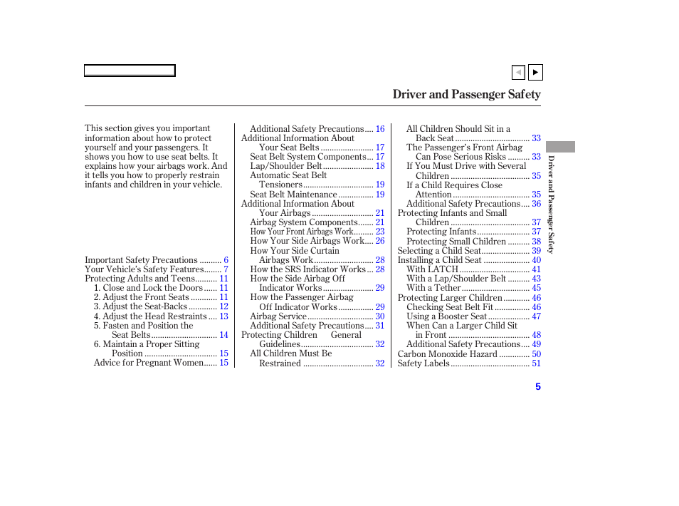 Ad070701indxa, Driver and passenger safety | HONDA 2007 Accord Coupe - Owner's Manual User Manual | Page 8 / 320