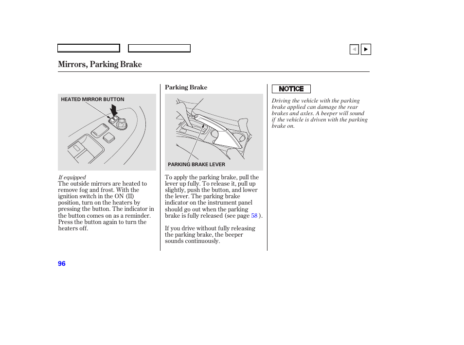 Mirrors, parking brake | HONDA 2007 Accord Coupe - Owner's Manual User Manual | Page 99 / 320