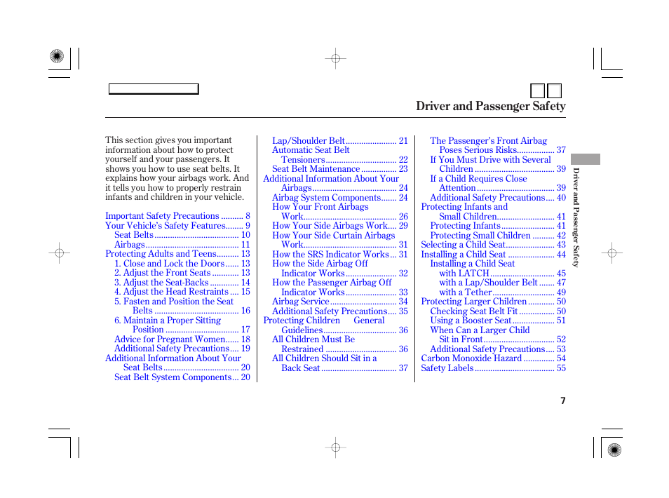 Dr070701indxa, Driver and passenger safety | HONDA 2007 Accord Hybrid - Owner's Manual User Manual | Page 10 / 287