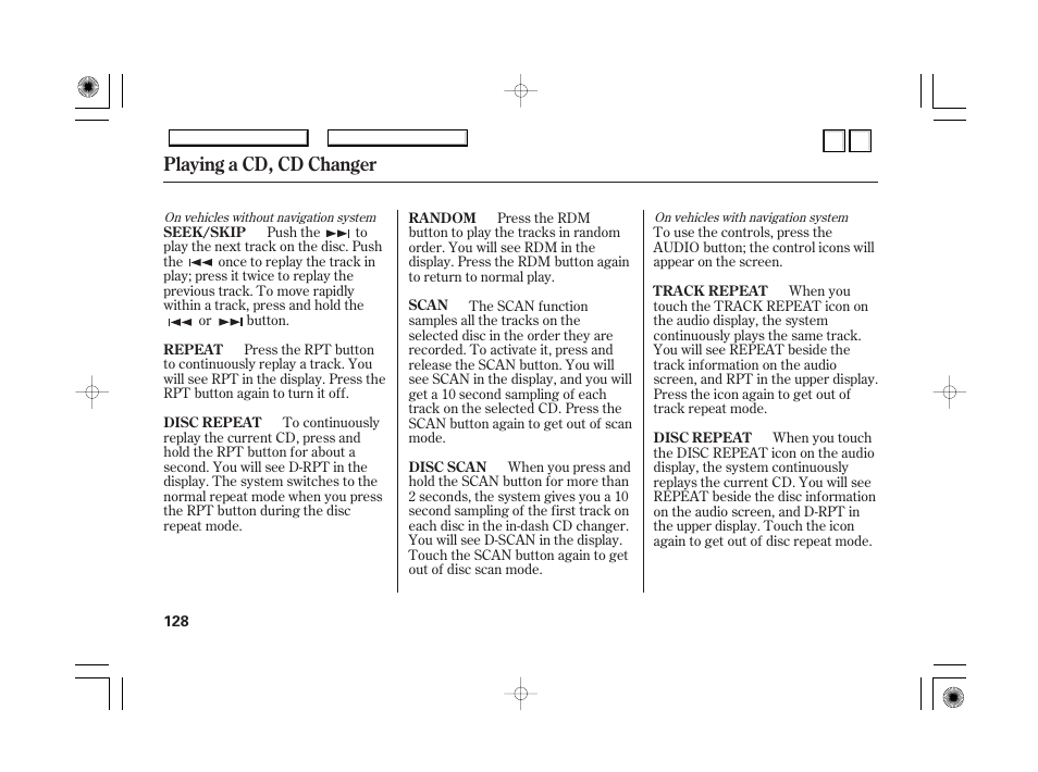 Cd player error messages, Playing a cd, cd changer | HONDA 2007 Accord Hybrid - Owner's Manual User Manual | Page 131 / 287