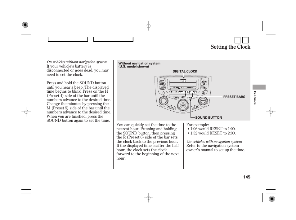 Setting the clock | HONDA 2007 Accord Hybrid - Owner's Manual User Manual | Page 148 / 287