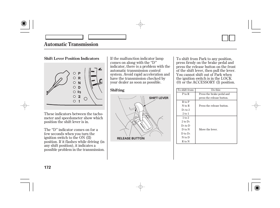 Dr0707o00172a, Shift lock release, Automatic transmission | HONDA 2007 Accord Hybrid - Owner's Manual User Manual | Page 175 / 287