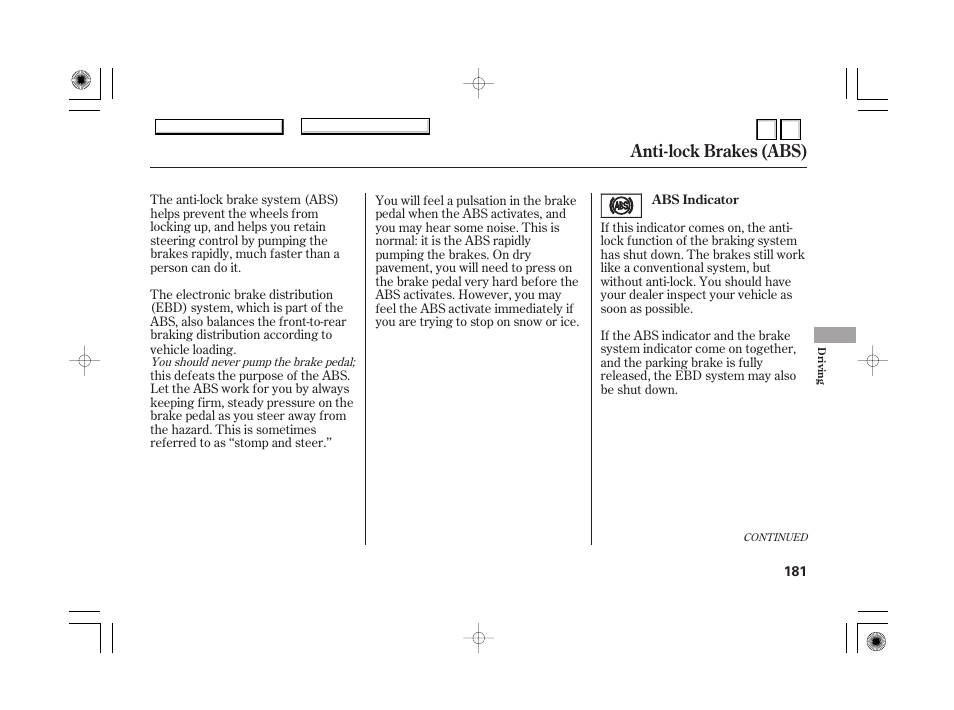 P.184, Vsa off switch, Vsa and tire sizes | Anti-lock brakes (abs) | HONDA 2007 Accord Hybrid - Owner's Manual User Manual | Page 184 / 287