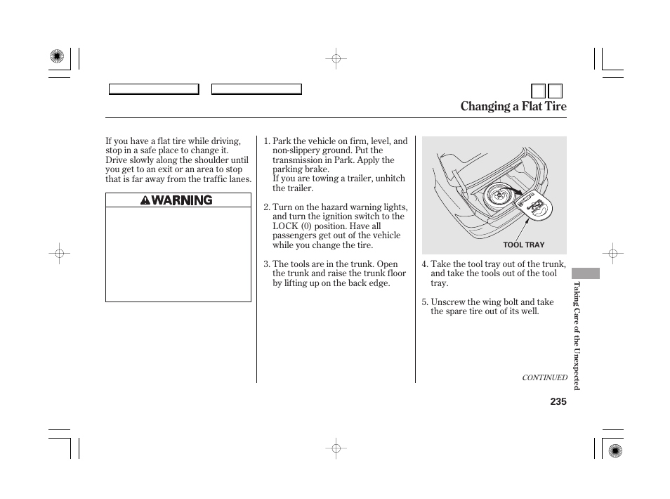 Changing a flat tire | HONDA 2007 Accord Hybrid - Owner's Manual User Manual | Page 238 / 287