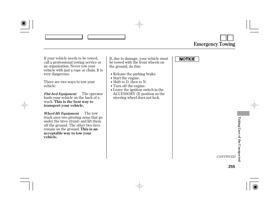 Dr0707o00255a, Emergency towing | HONDA 2007 Accord Hybrid - Owner's Manual User Manual | Page 258 / 287