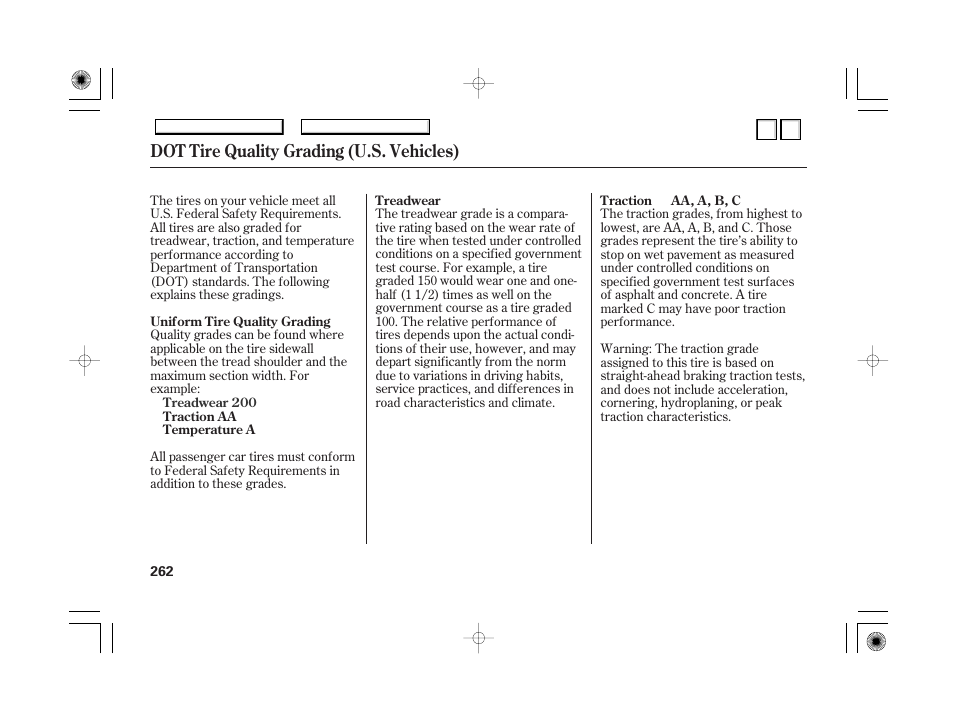 Dr0707o00262a, Emissions controls . 265, System . 265 | Evaporative emissions control, Onboard refueling vapor, Recovery . 265, Dot tire quality grading (u.s. vehicles) | HONDA 2007 Accord Hybrid - Owner's Manual User Manual | Page 265 / 287