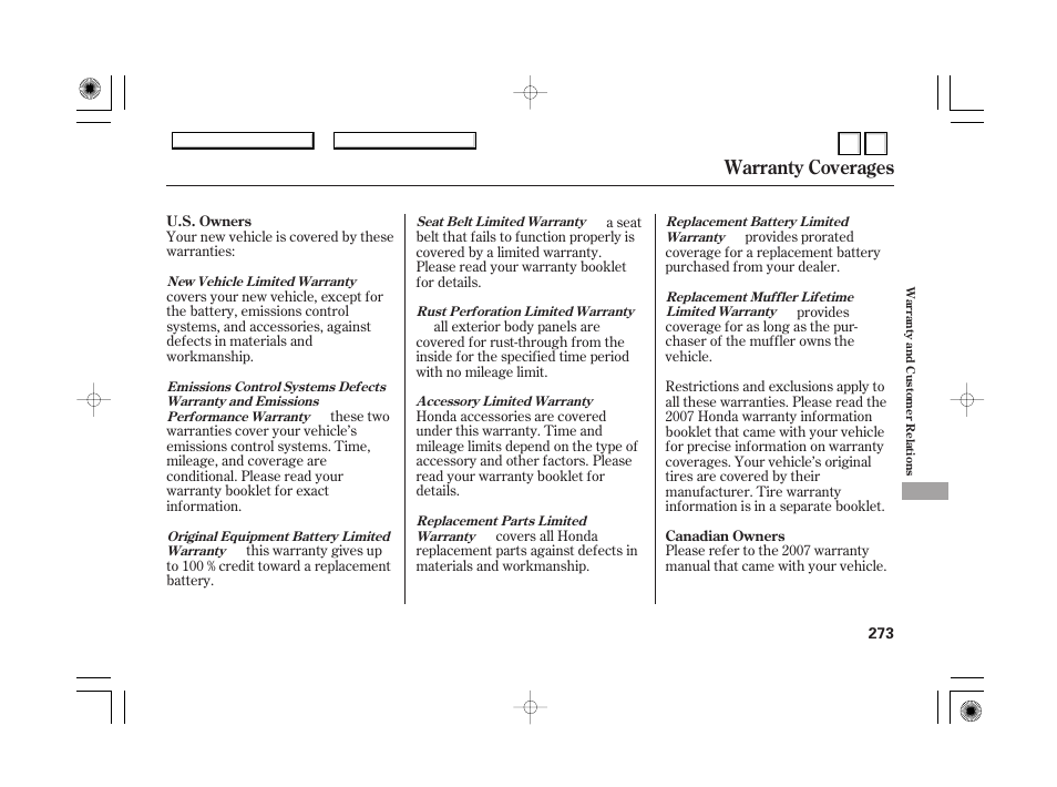 Warranty coverages | HONDA 2007 Accord Hybrid - Owner's Manual User Manual | Page 276 / 287