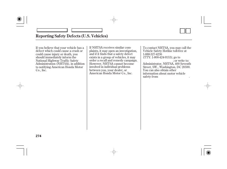 Reporting safety defects (u.s. vehicles) | HONDA 2007 Accord Hybrid - Owner's Manual User Manual | Page 277 / 287