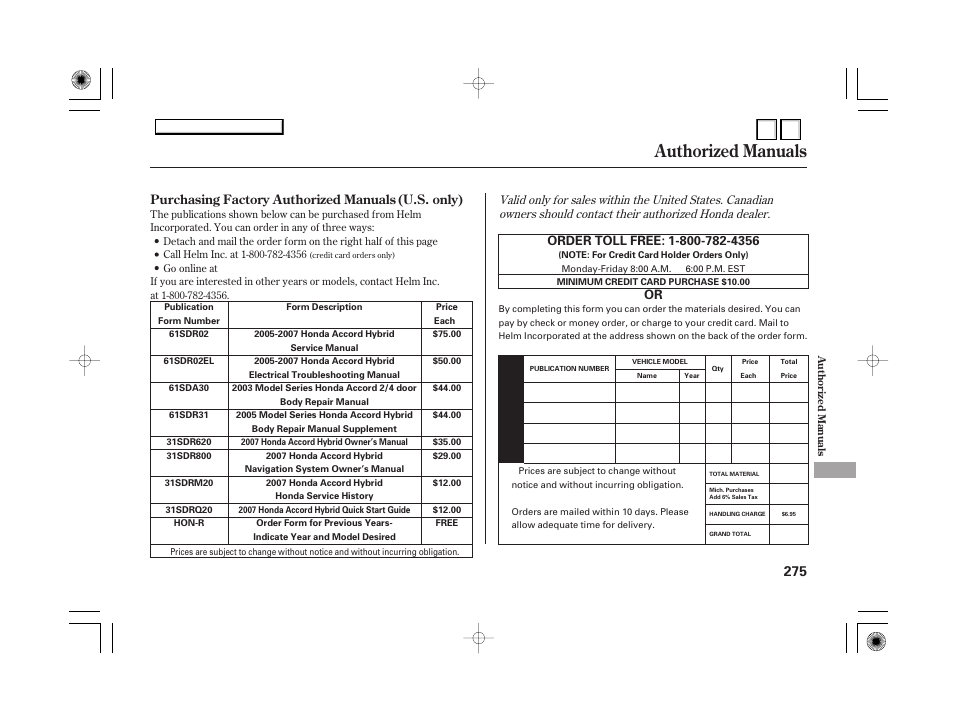 Dr0707o00275a, Authorized manuals | HONDA 2007 Accord Hybrid - Owner's Manual User Manual | Page 278 / 287