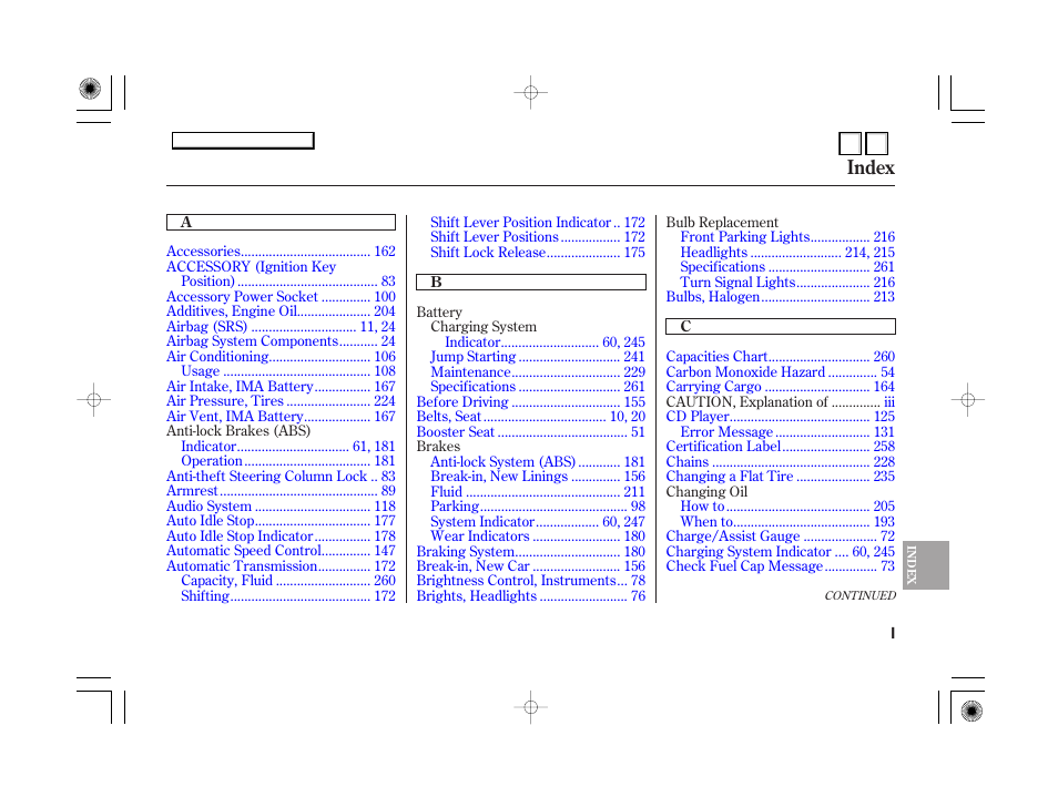 Dr070700indxa, Index | HONDA 2007 Accord Hybrid - Owner's Manual User Manual | Page 280 / 287